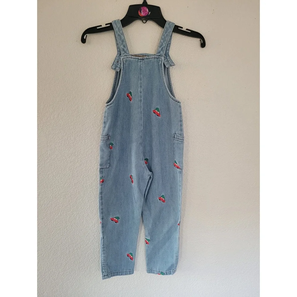 Mini Boden Kids Denim‎ Christmas Tree Car Embroidered Overalls 3-4Y Holiday #7